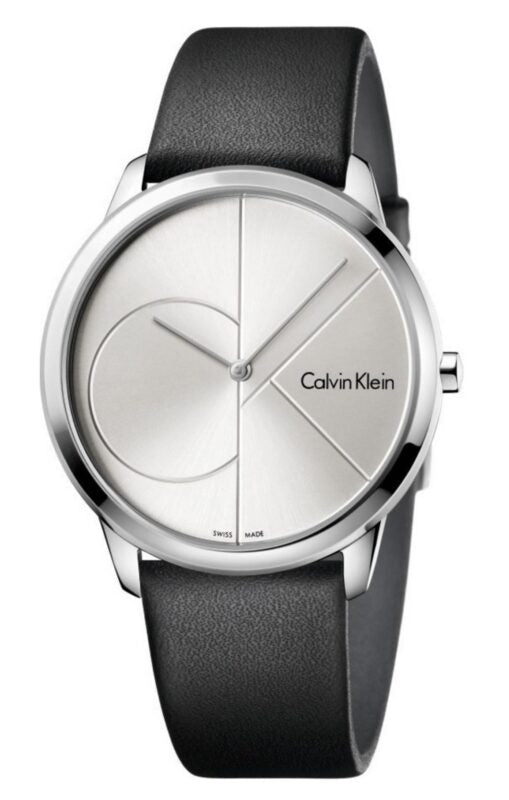 Calvin Klein Minimal women's watch with silver dial, geometric design, and black leather strap