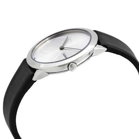 Side profile of Calvin Klein Minimal K3M221CY watch showing thin case and black leather band