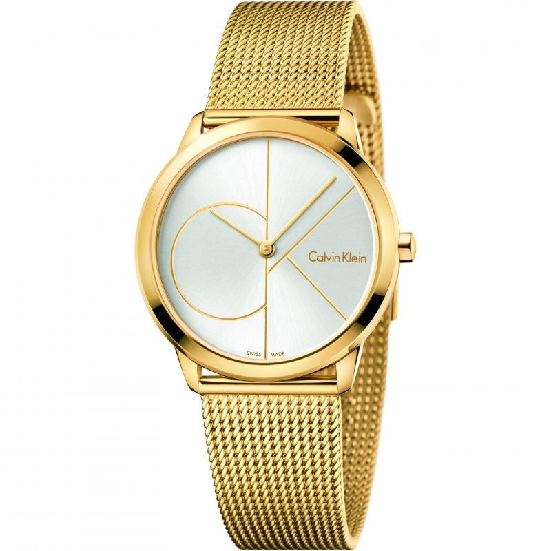 Calvin Klein Minimal K3M22526 gold watch on wrist showing mesh band and dial detail