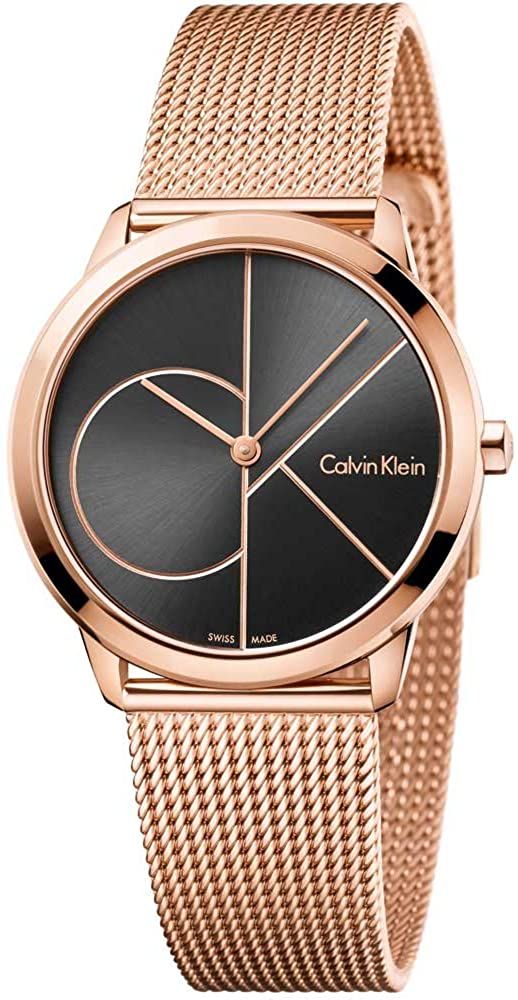 Calvin Klein Minimal black dial men's watch with rose gold case and rose gold mesh bracelet