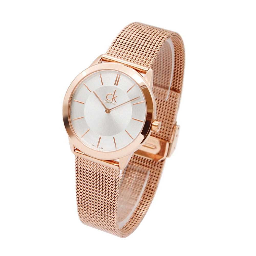 Calvin Klein Minimal K3M22626 rose gold watch at angle showing mesh bracelet and case profile