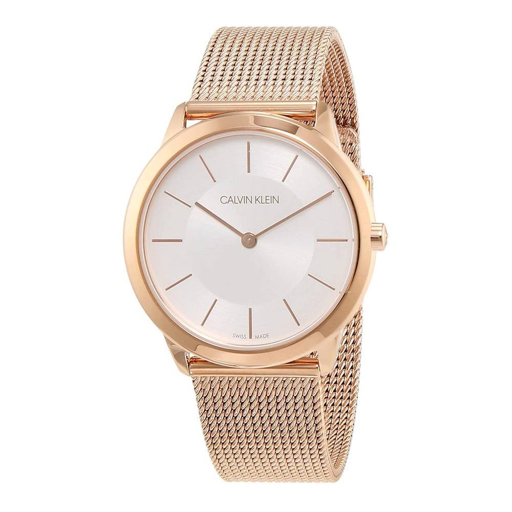 Calvin Klein Minimal K3M22626 rose gold watch with minimalist silvered face and mesh band