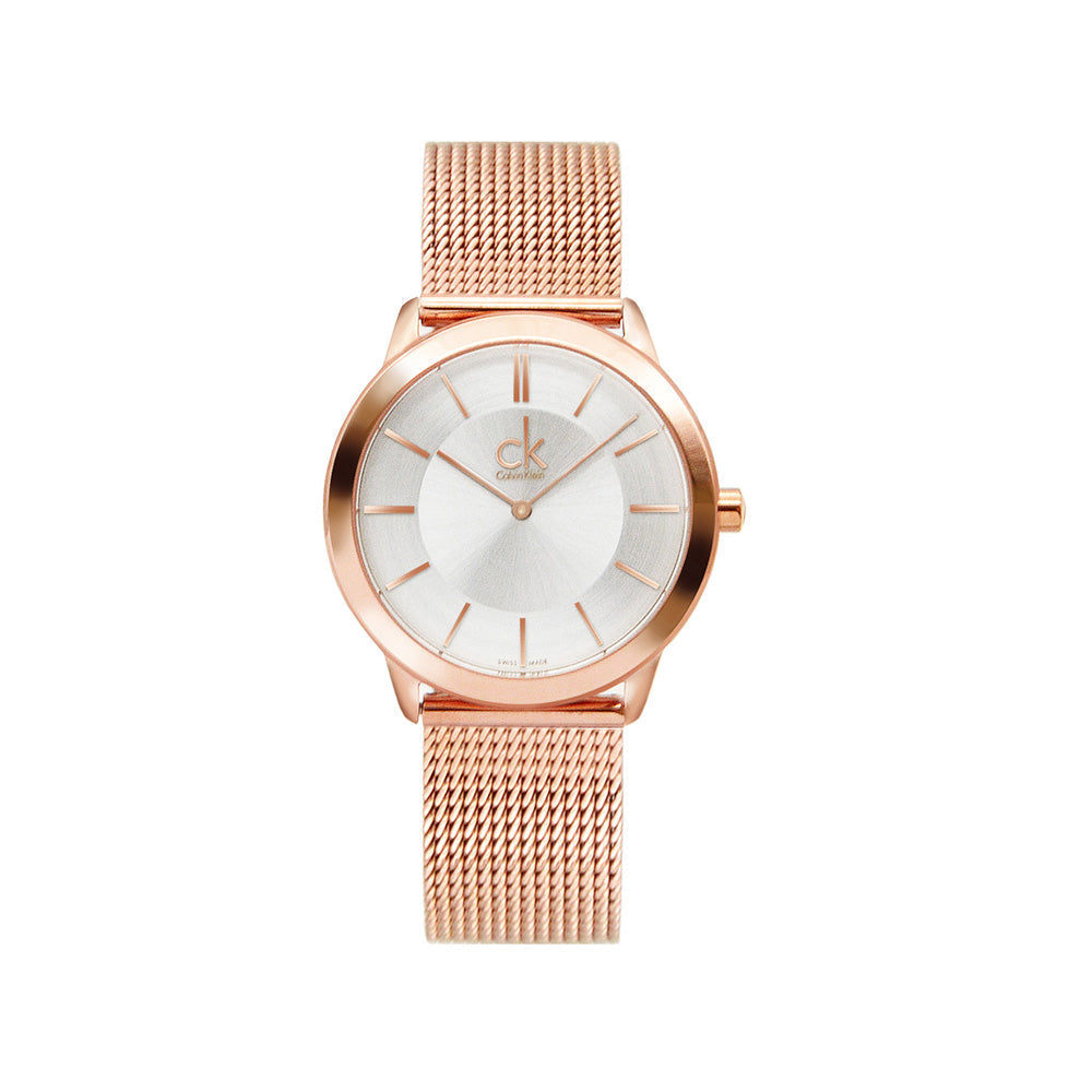 Calvin Klein K3M22626 minimal rose gold ladies watch on white background