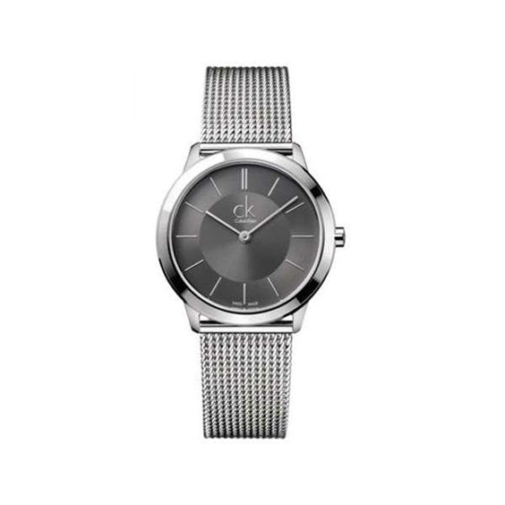 Calvin Klein Minimal ladies watch angled view showing slim profile and mesh bracelet