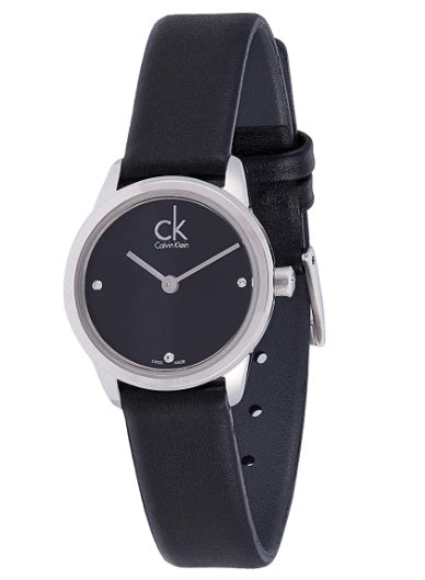 Calvin Klein Minimal watch featuring black dial and black leather strap at angle