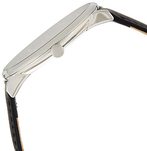 Side profile of Calvin Klein Minimal watch showing silver case and black leather strap