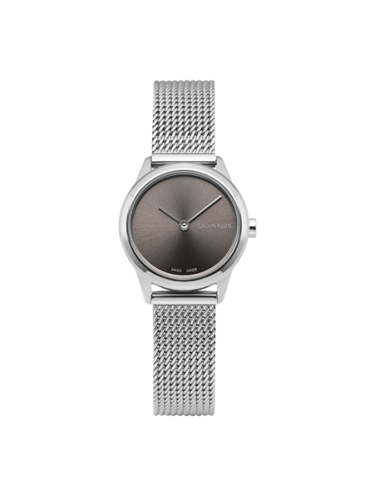 Calvin Klein Minimal ladies quartz watch with grey sunburst dial and mesh band