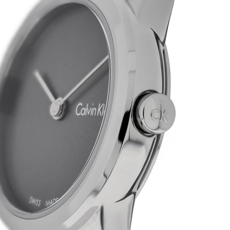 Calvin Klein Minimal watch dial detail showing grey face and stainless steel case