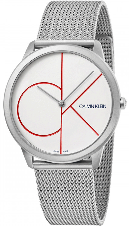 Calvin Klein Minimal white dial quartz watch with red CK logo and stainless steel mesh band