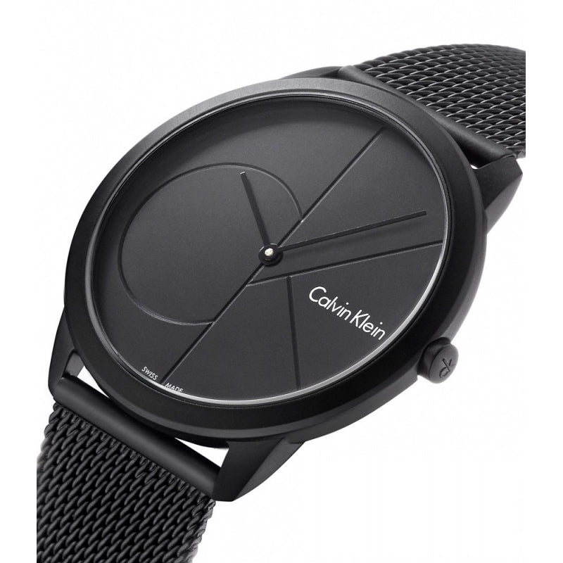 Minimalist black dial with geometric design and Calvin Klein branding