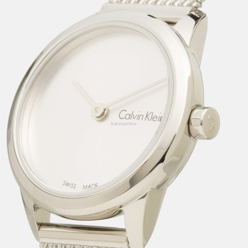 Calvin Klein Minimal Lady small silver watch side angle view showing mesh band and case profile