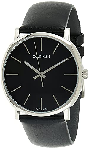 Calvin Klein Posh watch at angle showing black leather strap and silver stainless steel case