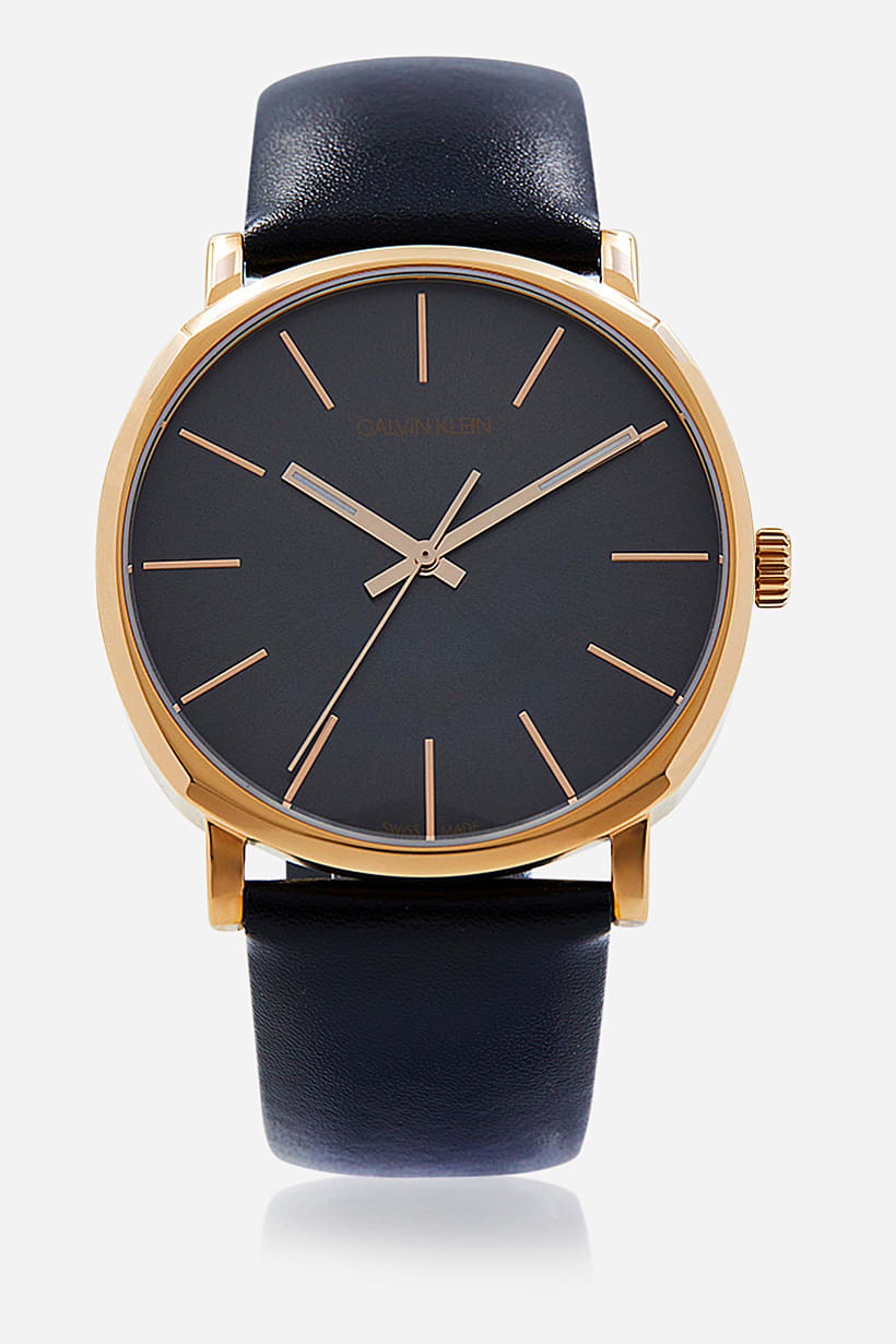 Calvin Klein Posh Rose Gold Tone Black Leather Men's Watch K8Q316C3