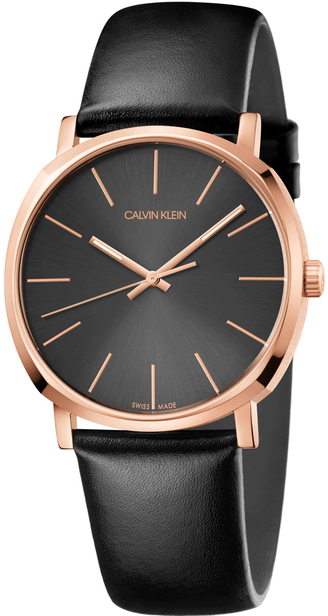 Calvin Klein Posh Rose Gold Tone Black Leather Men's Watch K8Q316C3