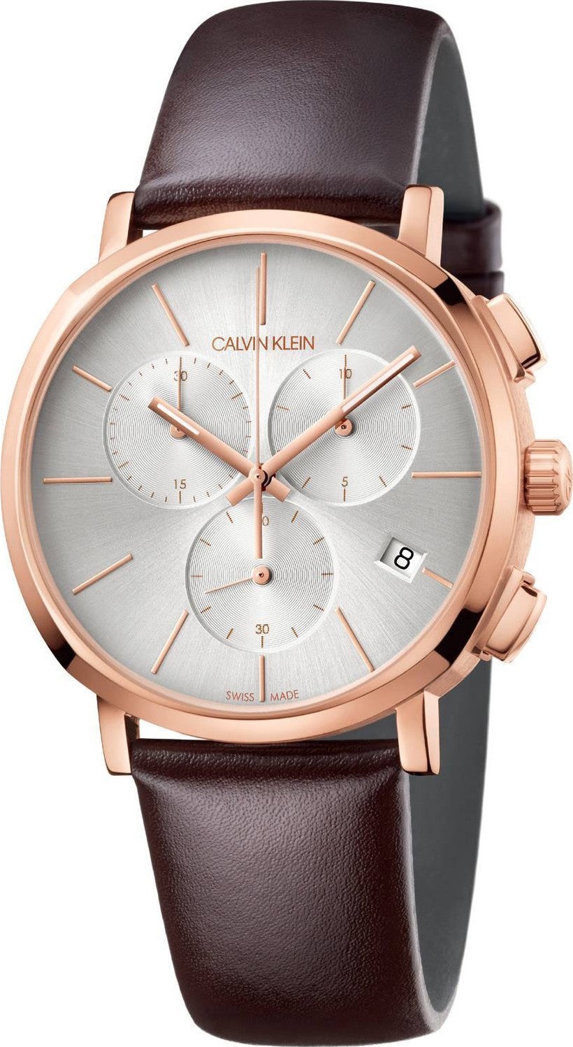 Angled view of Calvin Klein Posh chronograph with rose gold case and brown leather strap