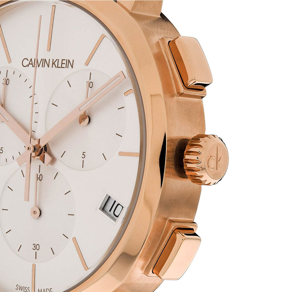 Detailed side view of Calvin Klein Posh showing rose gold chronograph pushers and crown