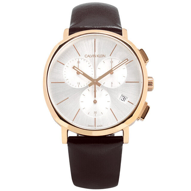Calvin Klein Posh chronograph watch with white dial, rose gold case, and brown leather strap
