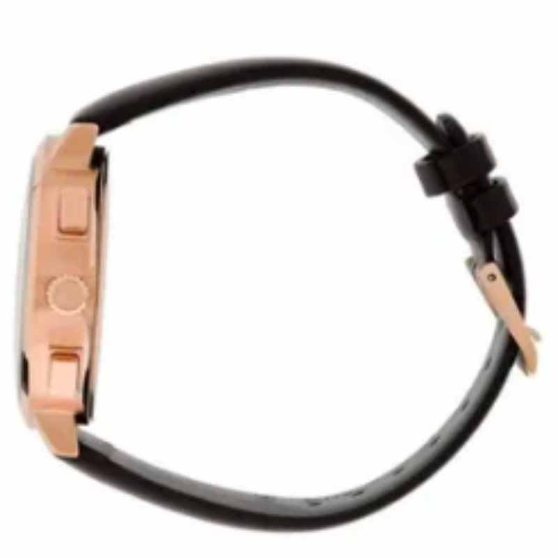 Brown leather strap detail of Calvin Klein Posh with rose gold buckle
