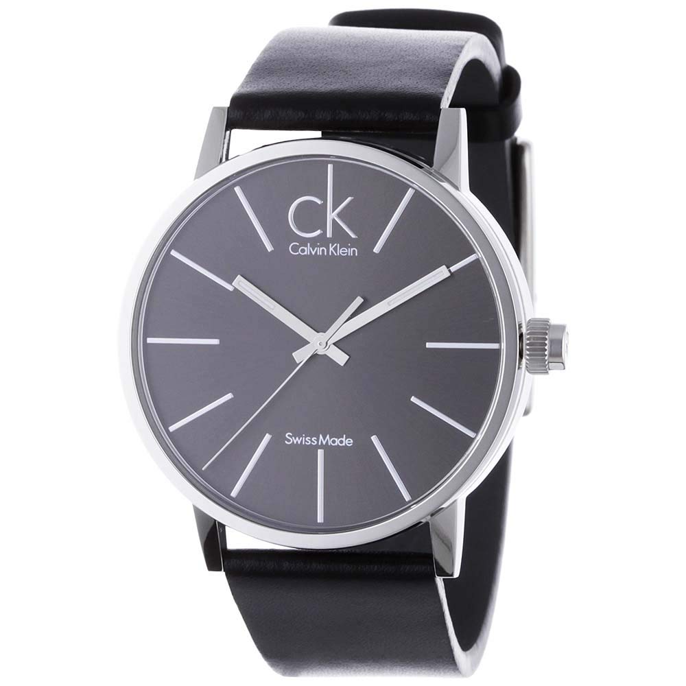 Calvin Klein Post Minimal watch angled view with black leather band