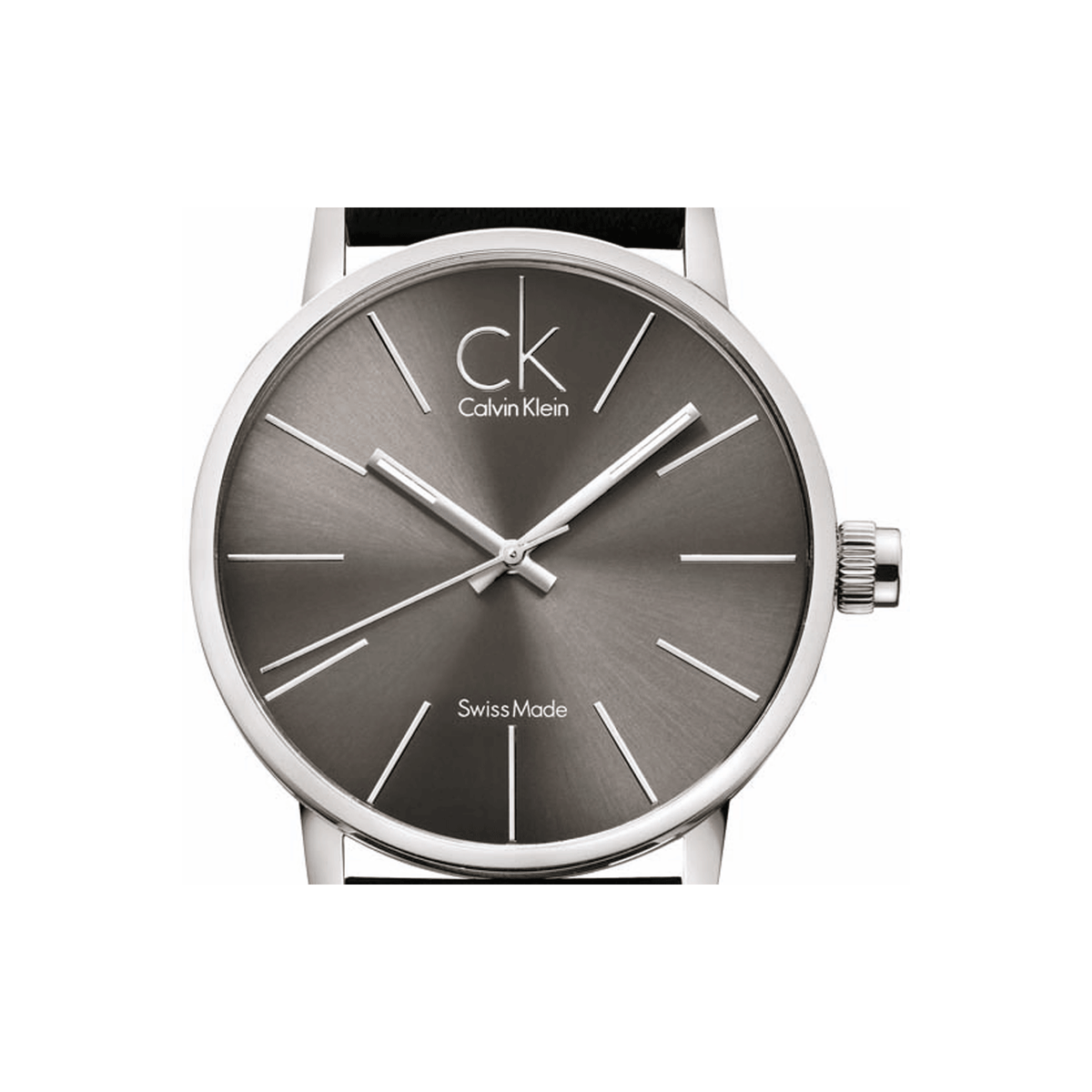 Calvin Klein Post Minimal watch dial close-up showing Swiss Made marking