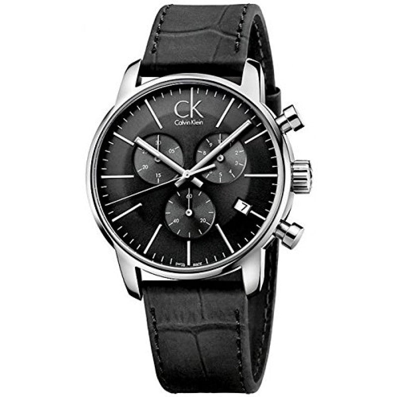 Calvin Klein Post Minimal K7627107 three-dial chronograph watch angled view with black leather strap