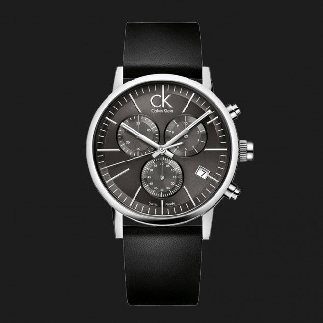 Calvin Klein Post Minimal K7627107 chronograph watch on dark background with three subdials