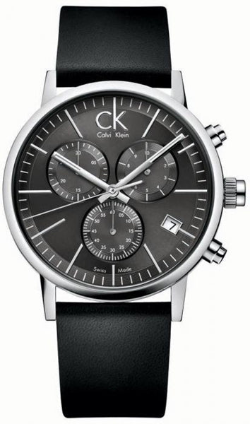 Calvin Klein Post Minimal K7627107 chronograph watch with black dial and black leather strap