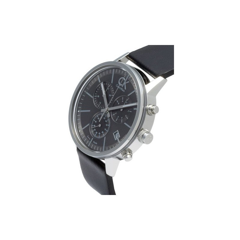 Calvin Klein Post Minimal K7627107 side angle view of chronograph watch with black leather band