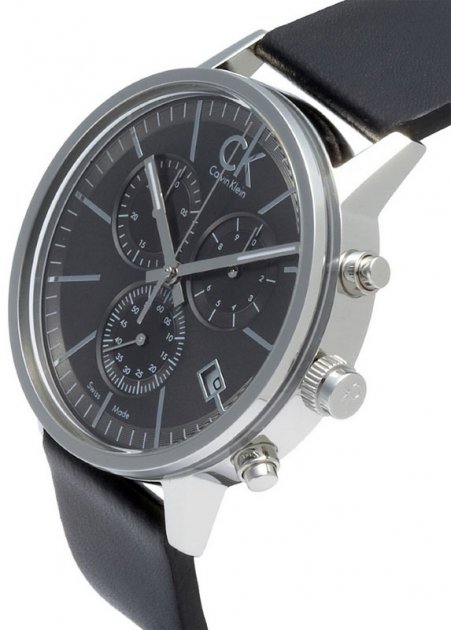 Calvin Klein Post Minimal K7627107 side view showing case depth and black leather strap