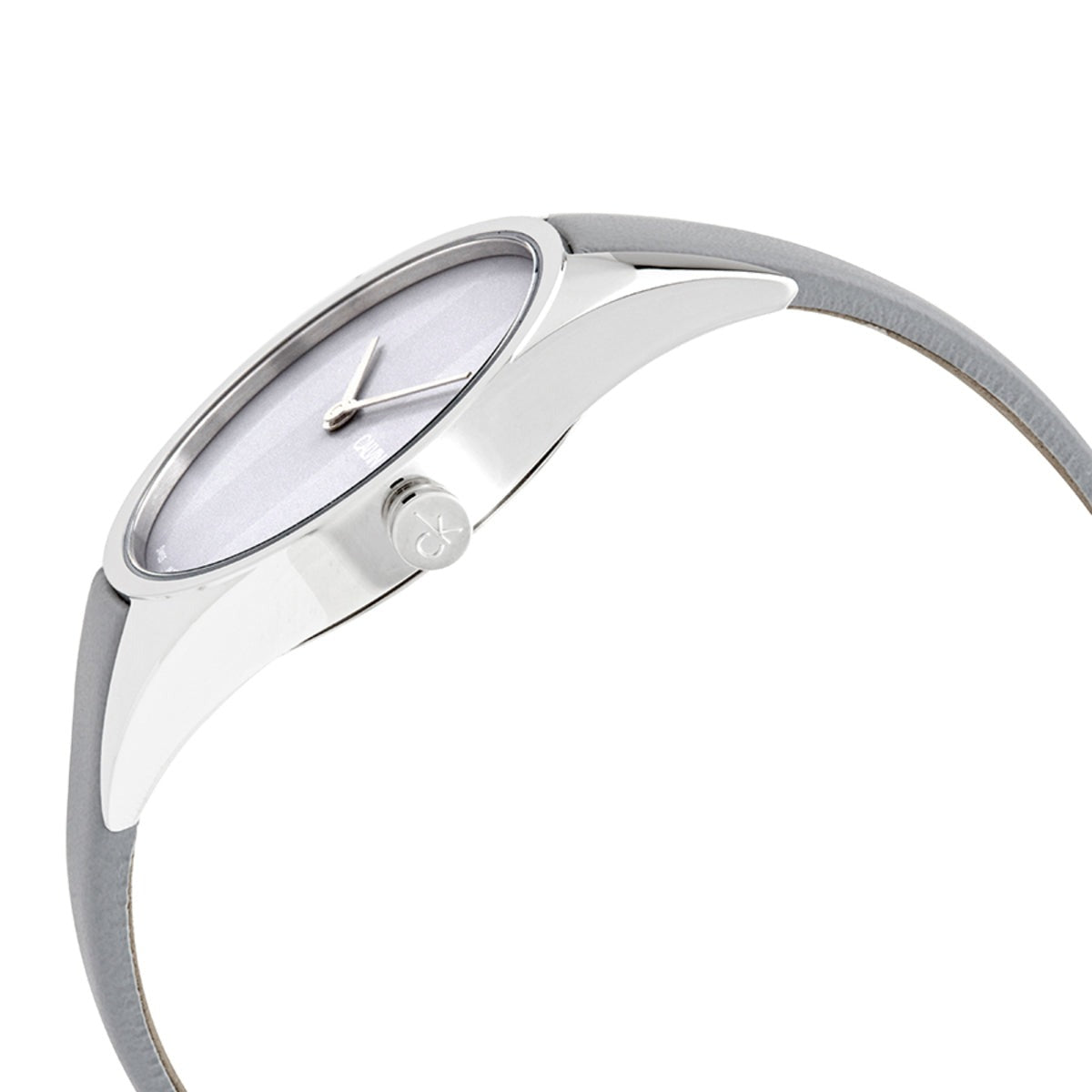 Side profile of Calvin Klein Rebel ladies watch with polished silver case and crown detail