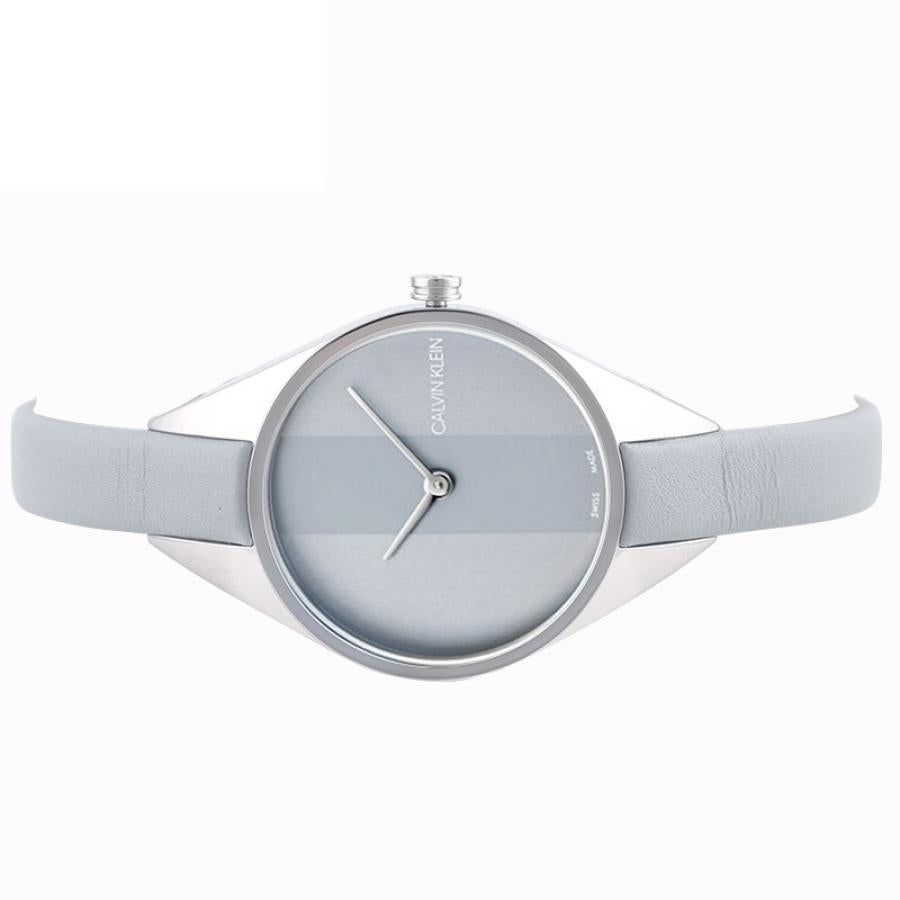 Top-down view of Calvin Klein Rebel K8P231Q4 showing light grey dial and strap