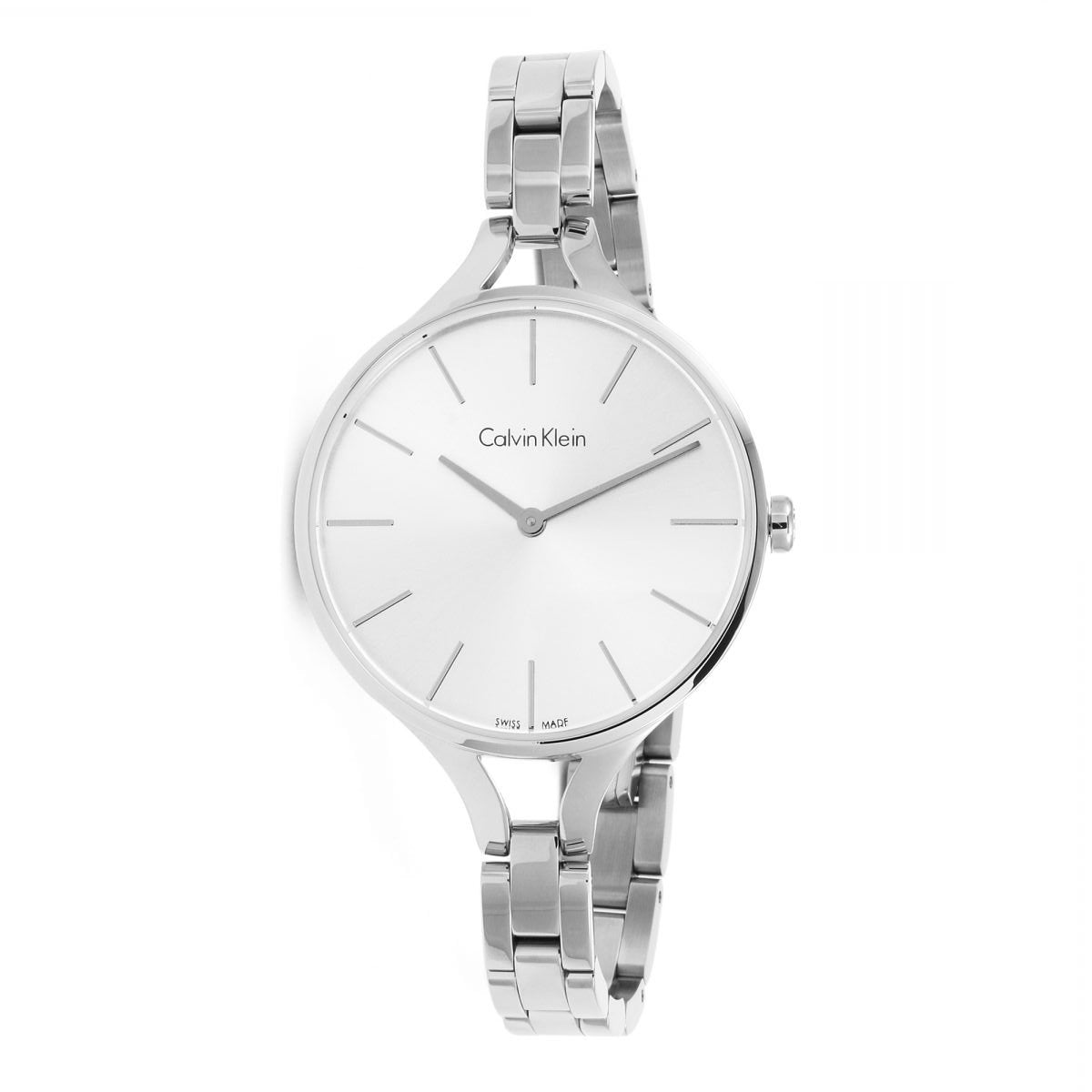 Calvin Klein Rise watch angled view showing white dial and metal link bracelet