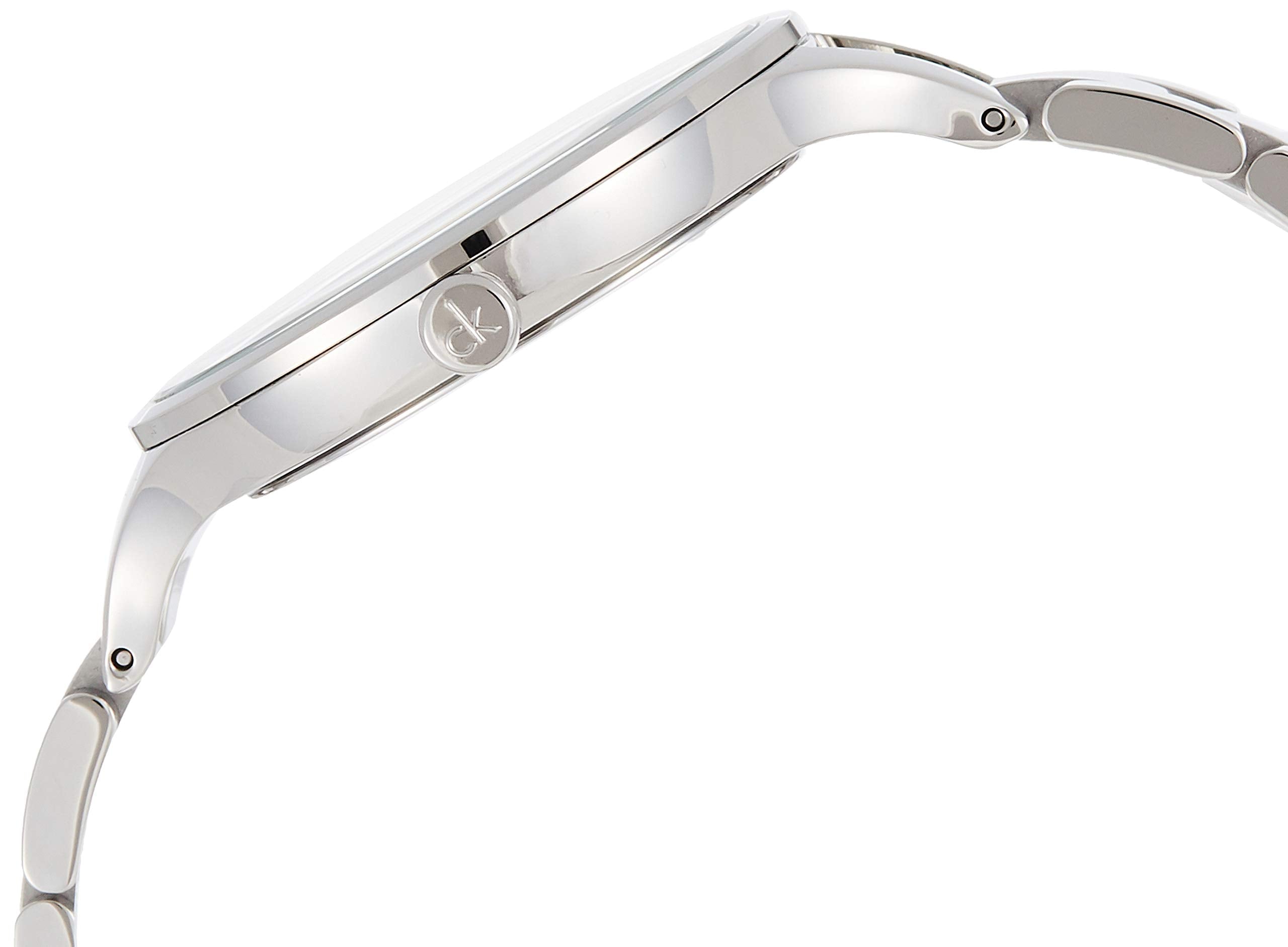 Calvin Klein Rise watch side view showing thin case and link bracelet