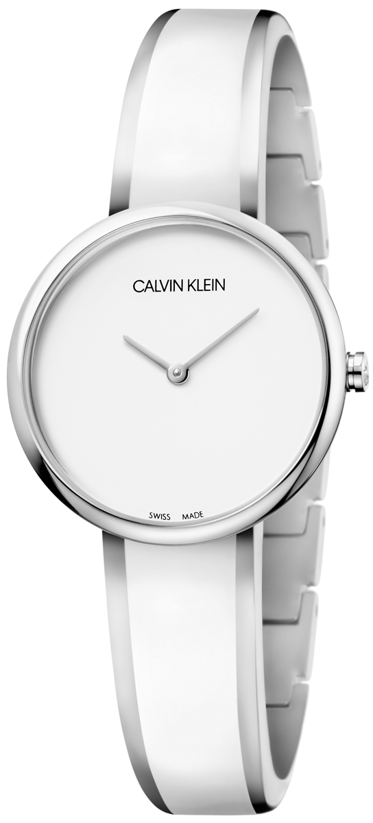 Calvin Klein Seduce white dial watch on wrist with two-tone steel strap