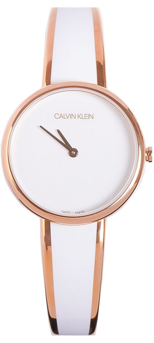 Calvin Klein Seduce K4E2N616 front view with white dial and two-tone strap