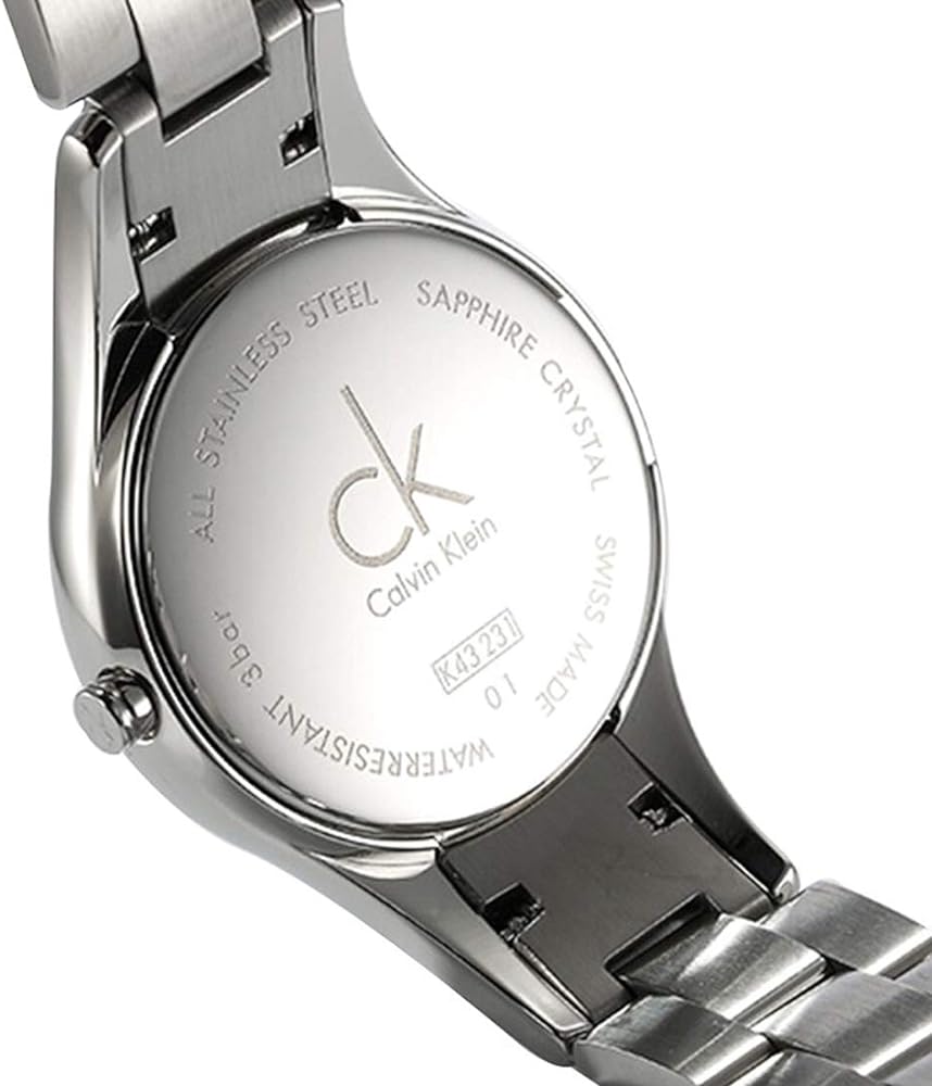 Calvin Klein Simplicity K4323101 caseback showing sapphire crystal and steel construction