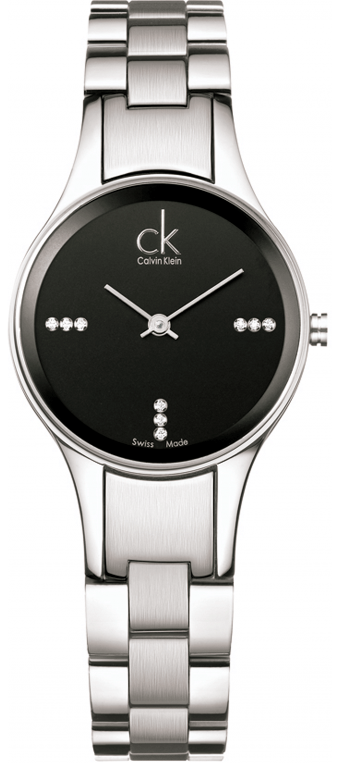 Calvin Klein Simplicity women's watch with black dial and diamond hour markers on silver steel strap