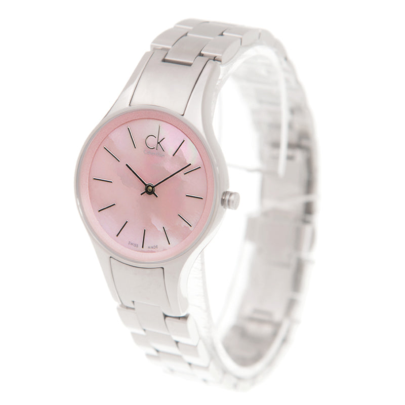 Calvin Klein Simplicity K432314E angled view of pink dial watch with silver bracelet