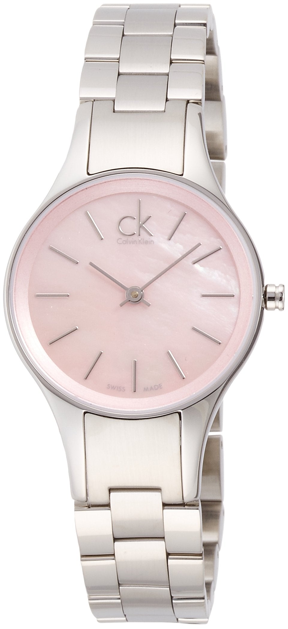 Calvin Klein Simplicity women's watch featuring pink dial with CK logo and silver steel bracelet