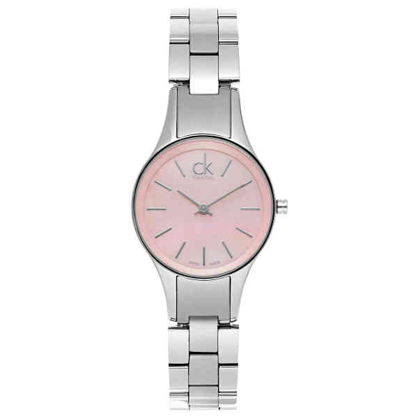 Calvin Klein Simplicity K432314E watch front view showing pink dial and silver steel strap