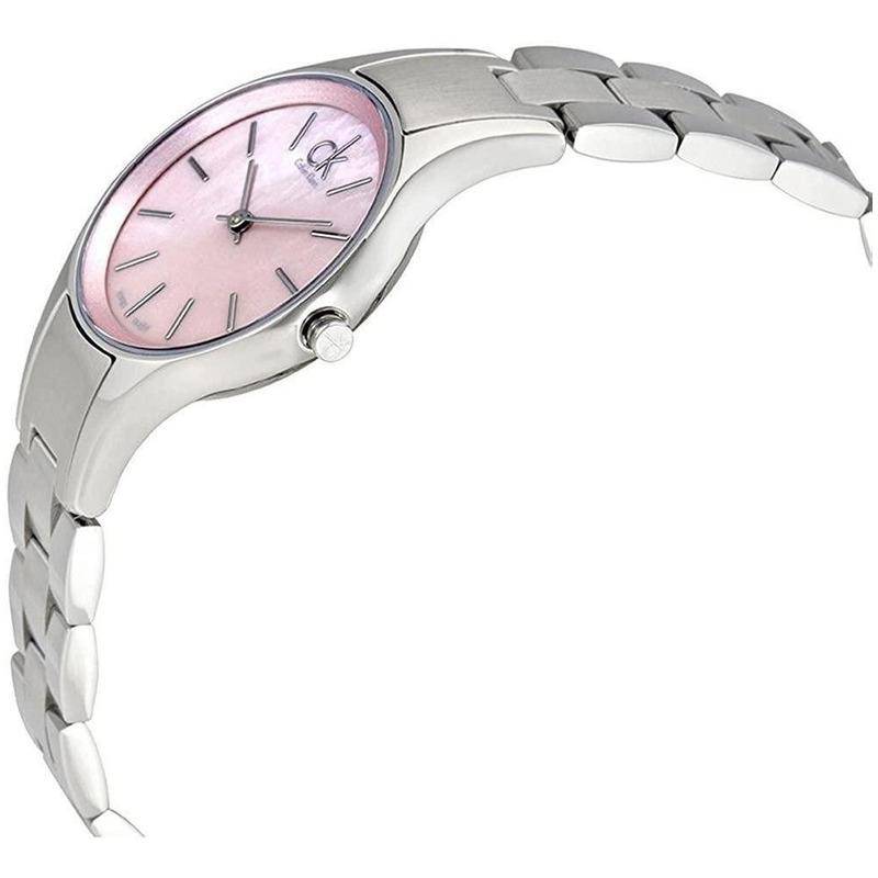 Side profile of Calvin Klein Simplicity K432314E women's watch with pink dial and silver strap