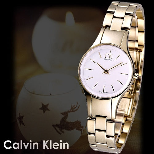 Calvin Klein Simplicity ladies watch worn on wrist with gift packaging