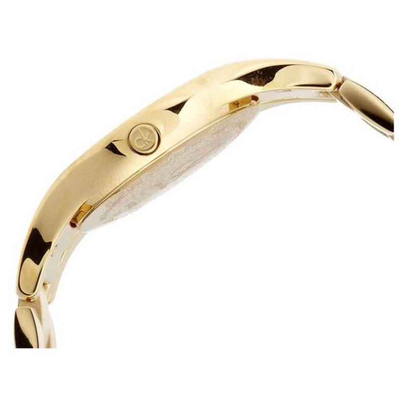 Calvin Klein Simplicity watch case side view with gold-plated metal and crown detail
