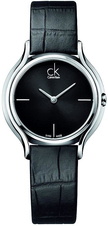 Calvin Klein Skirt women's watch with black dial and black leather strap, front view