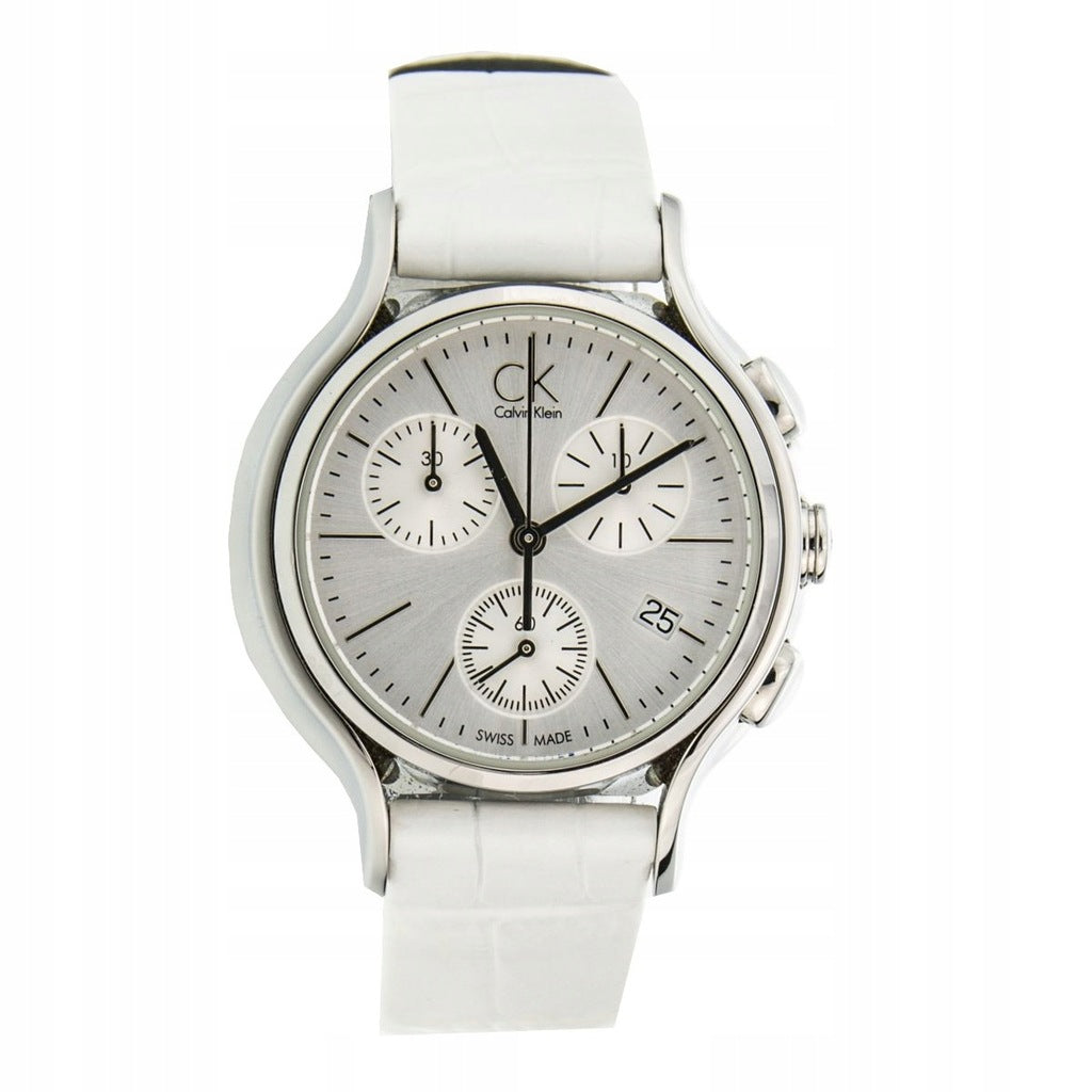 Calvin Klein Skirt chronograph watch worn at angle showing white leather strap