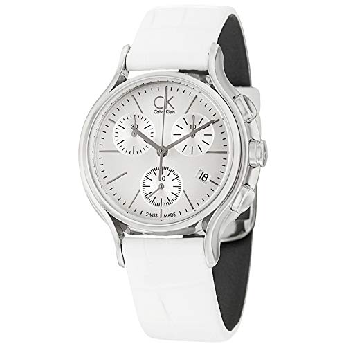Calvin Klein Skirt chronograph watch at three-quarter angle with white strap