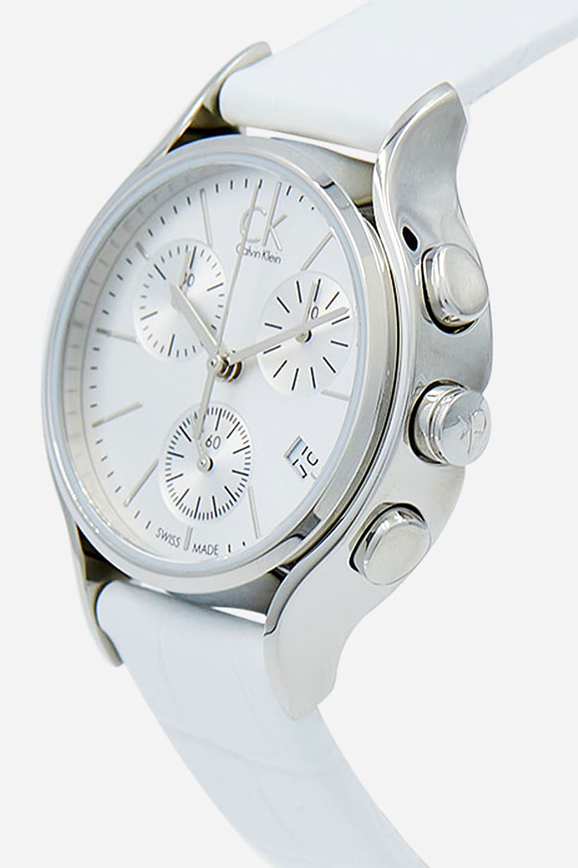 Calvin Klein Skirt watch side view showing case profile and pushers with white strap
