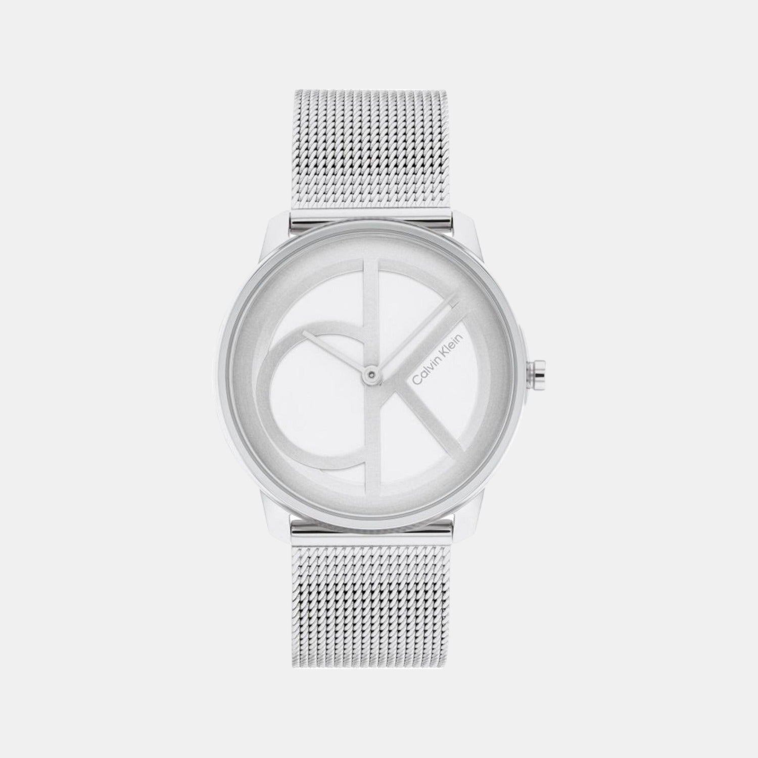 Front view of Calvin Klein Stately watch with minimalist white dial and silver mesh band
