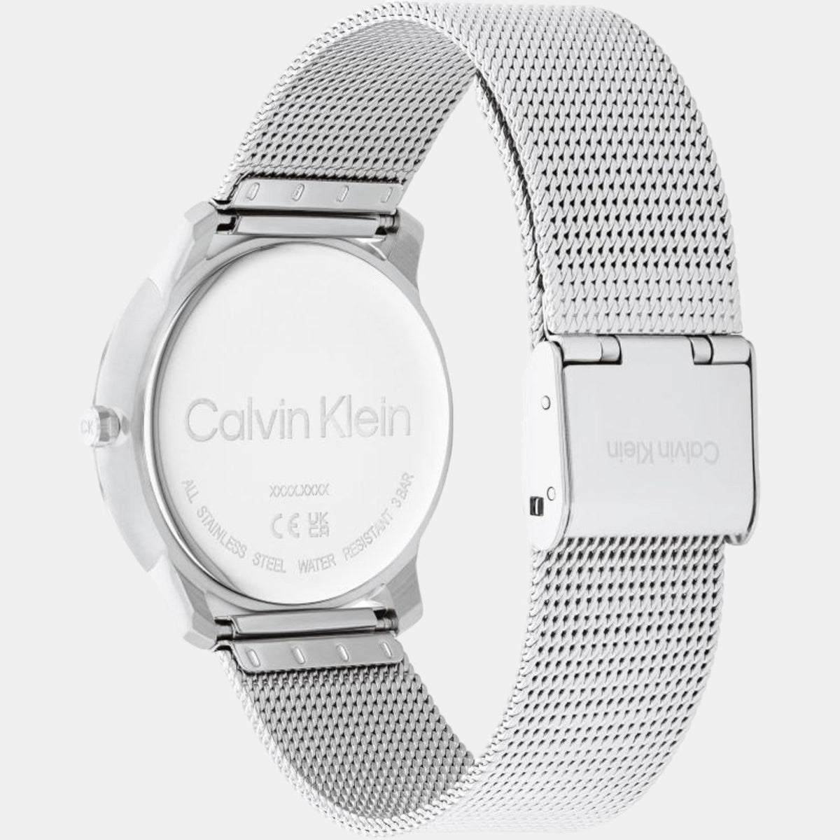 Side profile of Calvin Klein Stately watch with silver mesh band and fold-over clasp