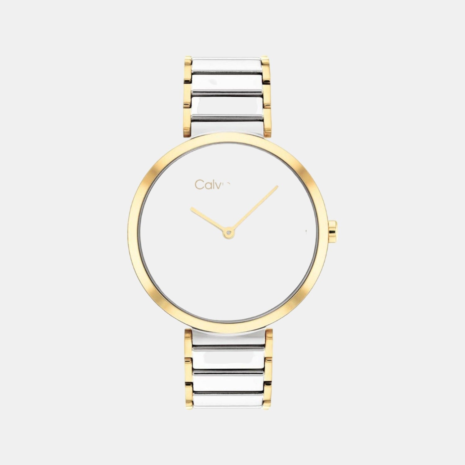 Angled view of Calvin Klein Stately watch showing dial with diamond markers and two-tone bracelet